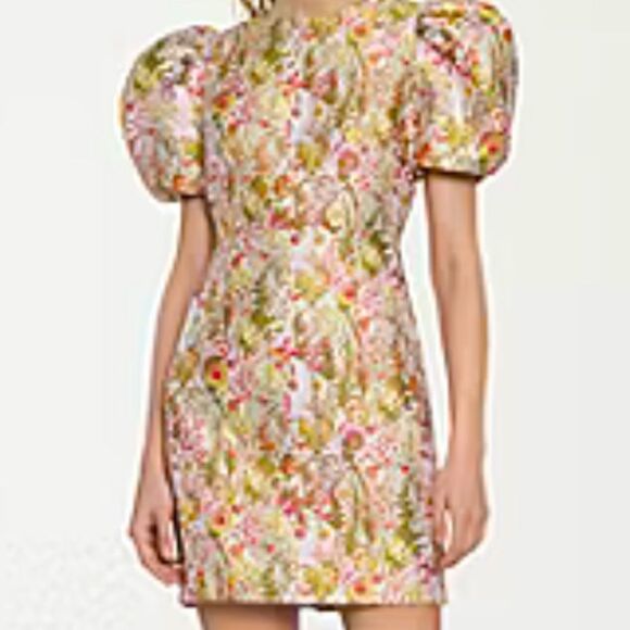 Clover and Sloane Pink Green Floral Print Jacquard Puff Sleeve Sheath Mini Dress - Picture 2 of 16